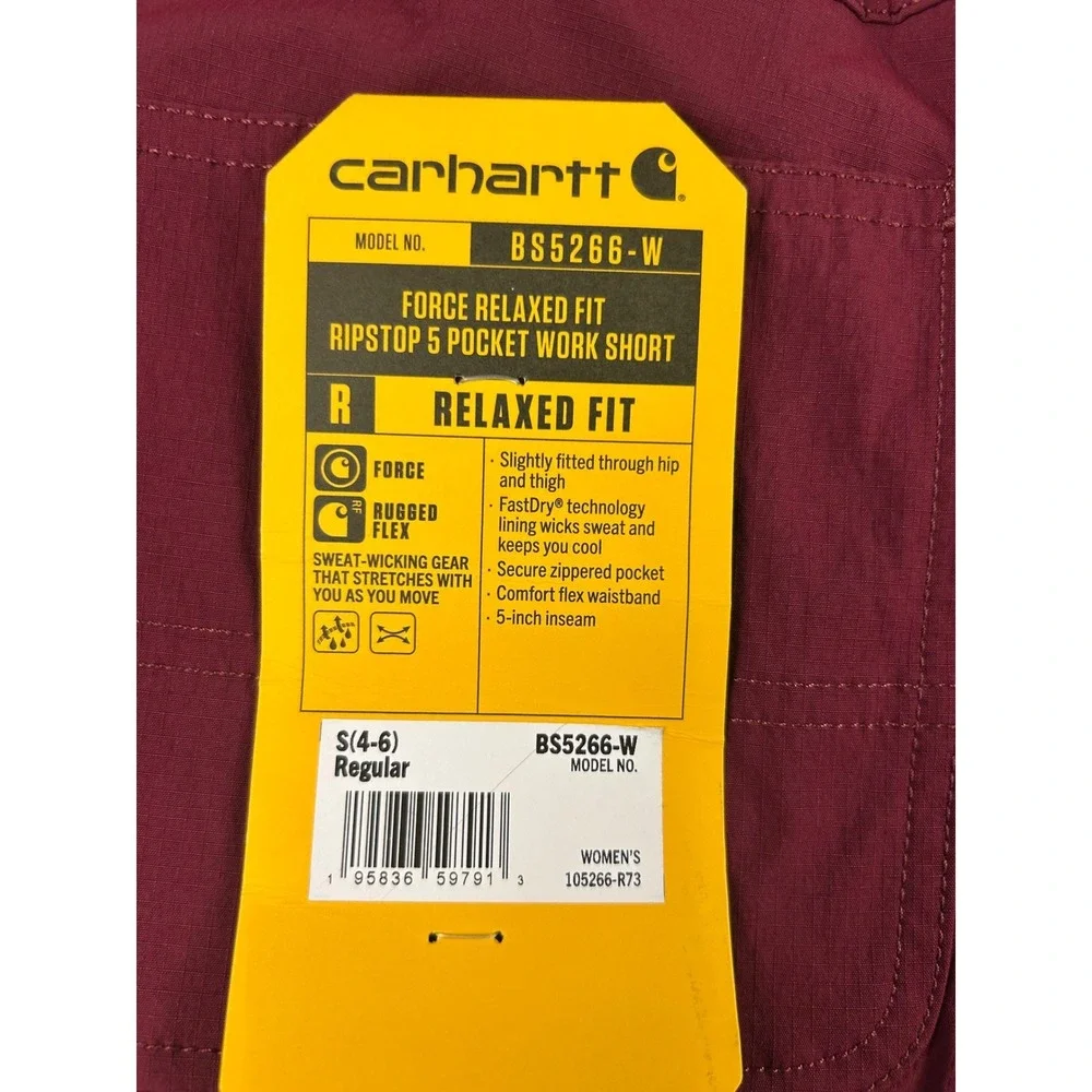 Carhartt Force Relaxed Fit Ripstop 5Pocket Work Short BS5266-W Wine Red Womens S